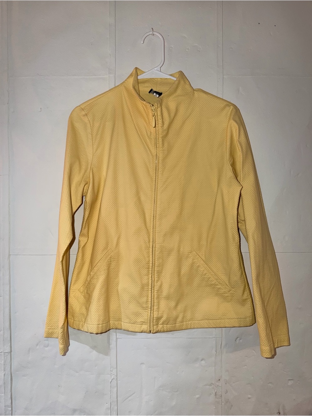 Eileen Fisher Yellow Textured Pique Zip Up Jacket Mock Neck Size SMALL